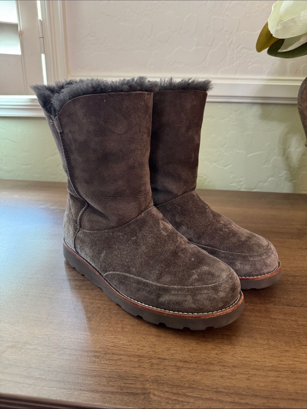 UGG Chocolate Embroidered Suede Shearling-Lined Mid-Calf Boot, Sz. 9